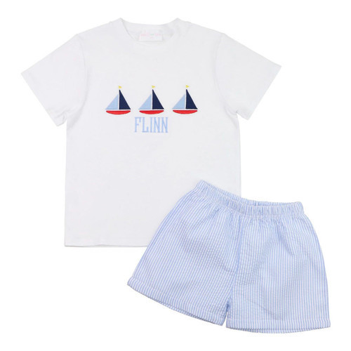 Blue Seersucker Embroidered Sailboats Short Set | Cecil and Lou