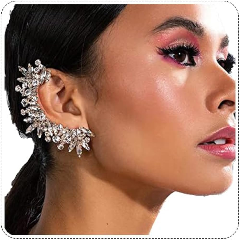 StoneFans Rhinestone Ear Cuff Earrings for women Silver Ear Clip Wrap Zircon Cute Wedding Climber... | Amazon (US)