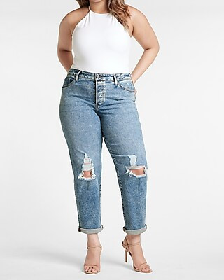 Mid Rise Medium Wash Ripped Boyfriend Jeans | Express