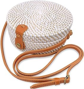 Handmade Straw White Round Rattan Bag Zipper Pouch Adjustable Strap Wicker Purse | Amazon (US)