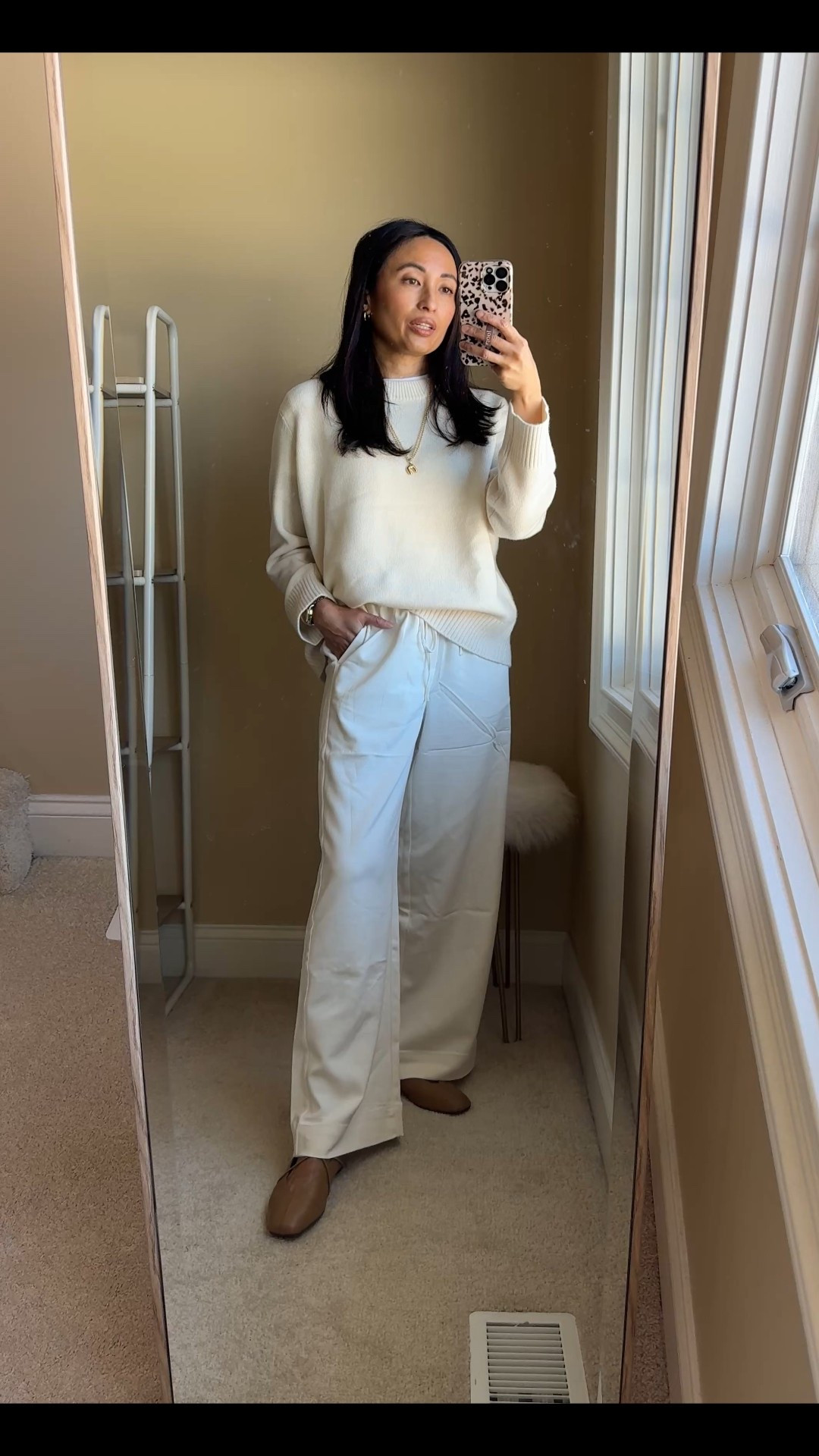 Vacation pants  Work pants. Workwear. Office wear. 
$35 alternative to the aritzia lodge pants. 
These seem good for the price. True to size. Appreciate the length options. I am in short length at about 5’4. Pants to look or feel cheap to me. Also linking a couple other options to the aritzia pants at lower price points  
Cashmere sweater- i sized up
Flats are beautiful investment shoes. True to size. 
Initial necklace. 
Base layer favorite all cotton t-shirt- true to size  
