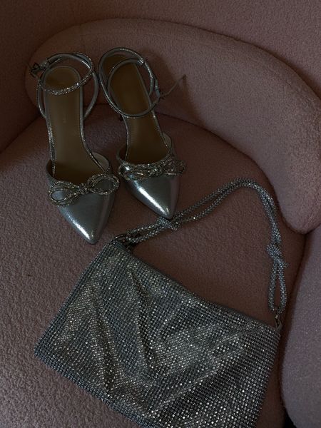 Sparkly bow heel aesthetic with matching knotted sparkly bag. Amazon finds. Amazon fashion, Amazon heels. Amazon bag. Vacation outfit. Workwear outfit. Fancy style. Party style. Wedding outfit. #weddingstyle #weddingshoes #weddingaesthetic 

#LTKSeasonal #LTKitbag #LTKshoecrush