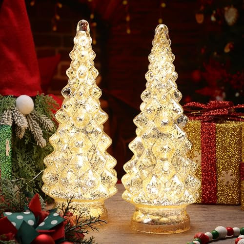 2 Pcs 12.6 Inch Lighted Glass Christmas Tree Figurine Battery Operated Silver Glass Christmas Tre... | Amazon (US)