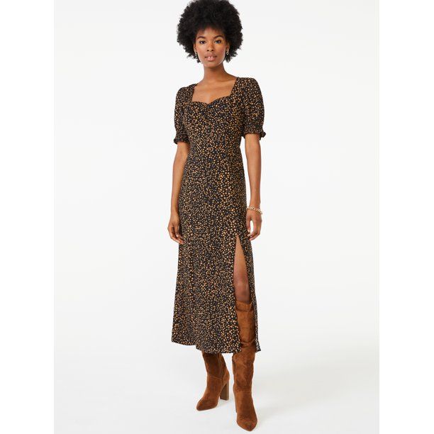 Scoop Women's Short Puff Sleeve Sweetheart Midi Dress | Walmart (US)