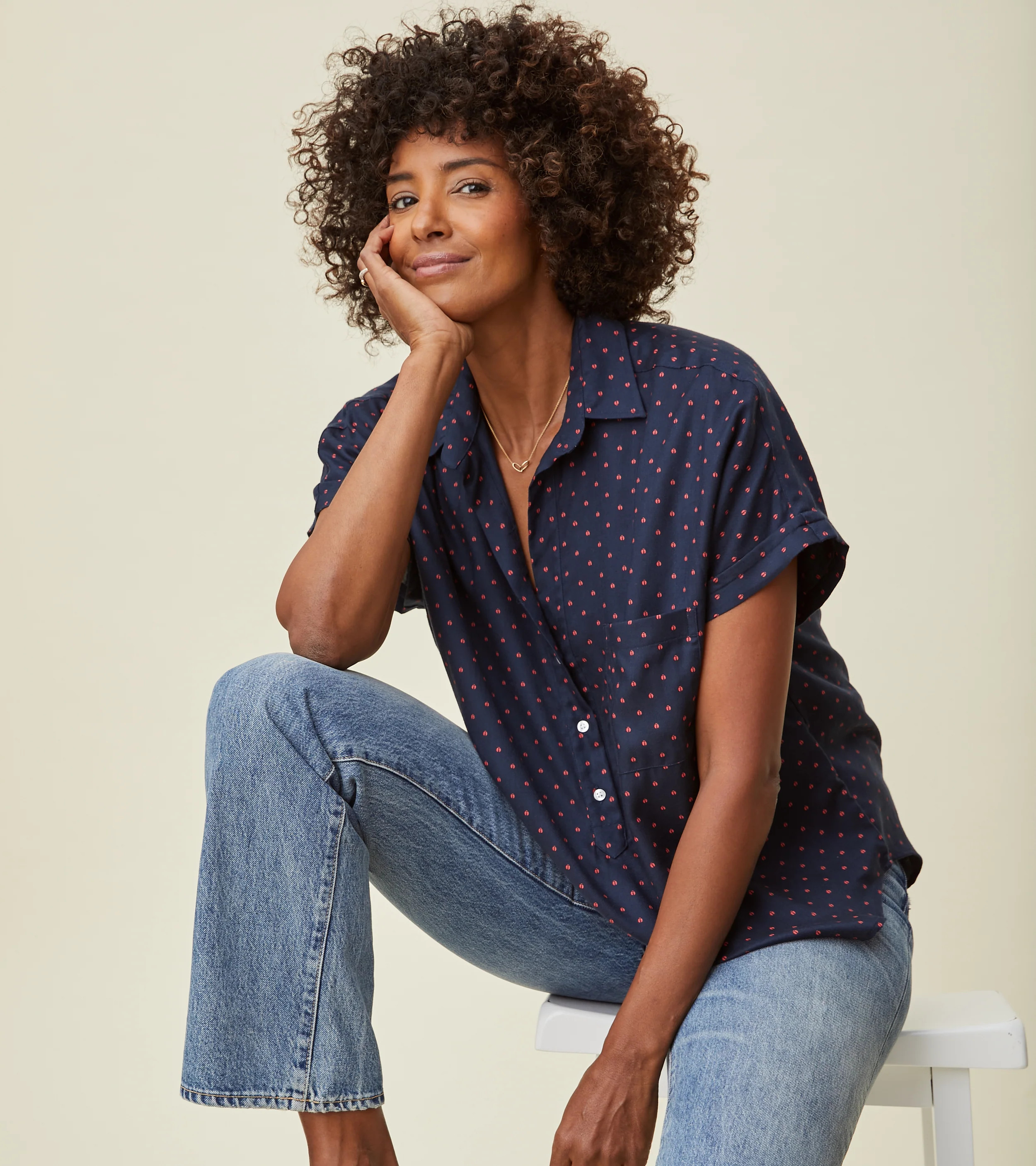 The Artist Short Sleeve Shirt Navy with Red Ladybug, Liquid Flannel | Grayson