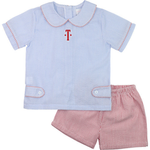 Red And Blue Seersucker Short Set | Cecil and Lou