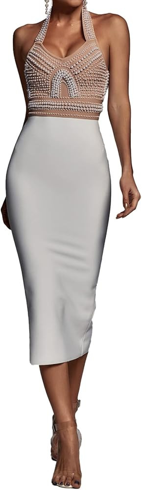 Halter Wedding Guest Dress Bandage Dress Evening Dress Beaded Cocktail Dress Party Dress Elegant ... | Amazon (US)