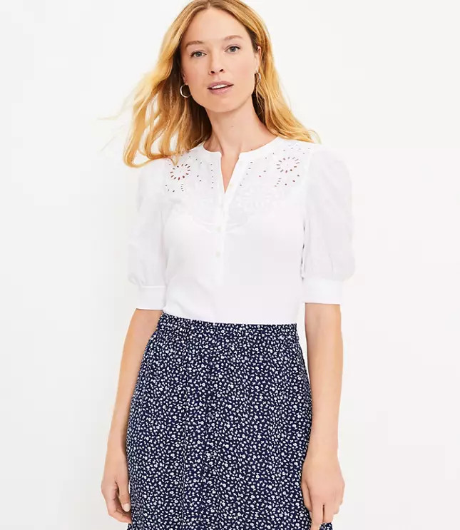 Eyelet Yoke Mixed Media Top | LOFT