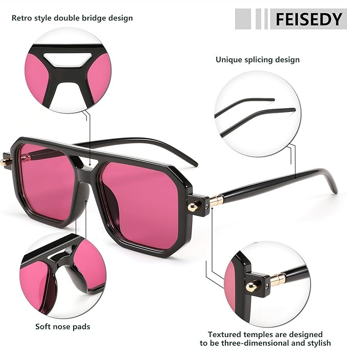 FEISEDY Vintage Square 70s Flat Aviator Sunglasses Women Men Classic Retro Stylish Frame UV400 Su... | Amazon (US)