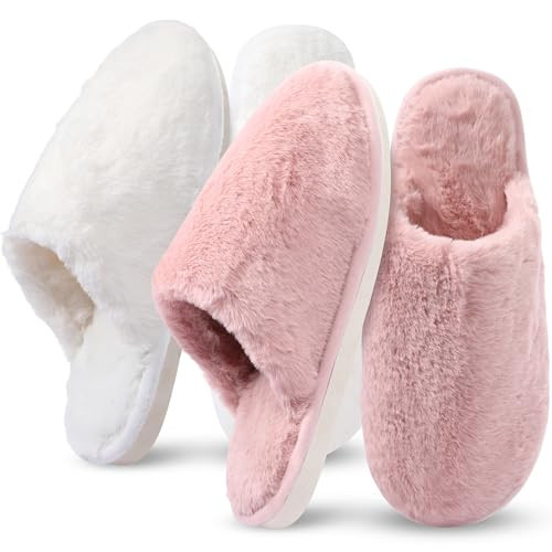 Cutecrop 2 Pairs Women's Fuzzy Scuff Slippers Ladies Furry Cute Slip-on Slippers Comfy Memory Foam Indoor House Shoes(Cream White, Pink,8-8.5) | Amazon (US)