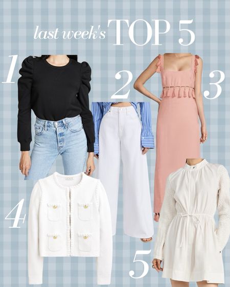 Last Week’s Top 5 best sellers! A puff sleeve sweatshirt I’ve had in my closet for years, wide leg jeans for spring, a cute spring and summer dress perfect for travel, a white lady jacket I wear almost daily and an easy throw on dress perfect for a sporting event 

#LTKstyletip #LTKSeasonal #LTKworkwear