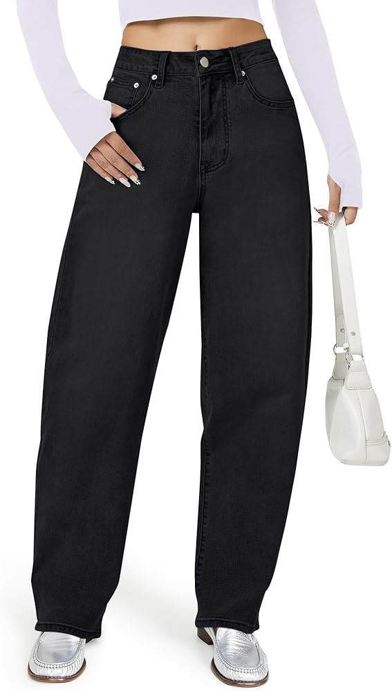 Barrel Jeans for Women, High Waisted Wide Straight Leg Boyfriend Microelastic Womens Mom Jeans | Amazon (US)