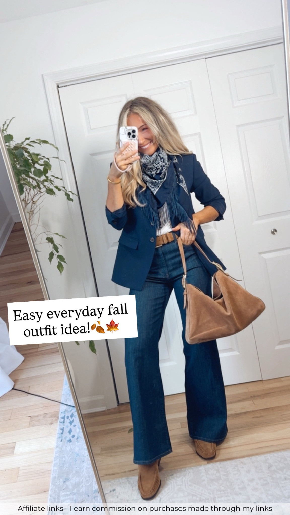 Affiliate links - I earn commission on purchases made through my links

Casual fall outfits
Navy blue blazer
Walmart fashion scarf
J.Crew white tshirt
J.Crew jeans wide leg
Suede loafers
Tan suede bag