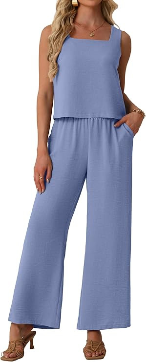 Lepunuo Women Summer 2 Piece Sets Square Neck Sleeveless Crop Tops Wide Leg Pants Matching Sets T... | Amazon (US)
