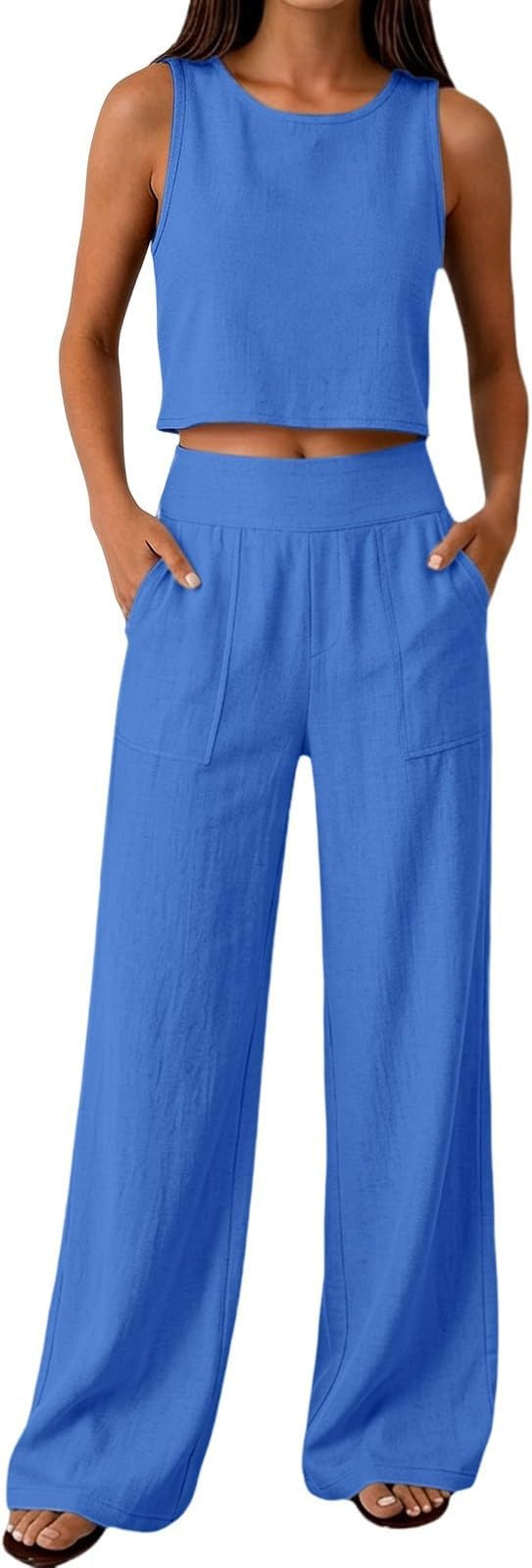 Linen Sets for Women 2 Piece Sleeveless Crew Neck Tank With Wide Leg Pant Casual Cotton Gauze Set... | Amazon (US)