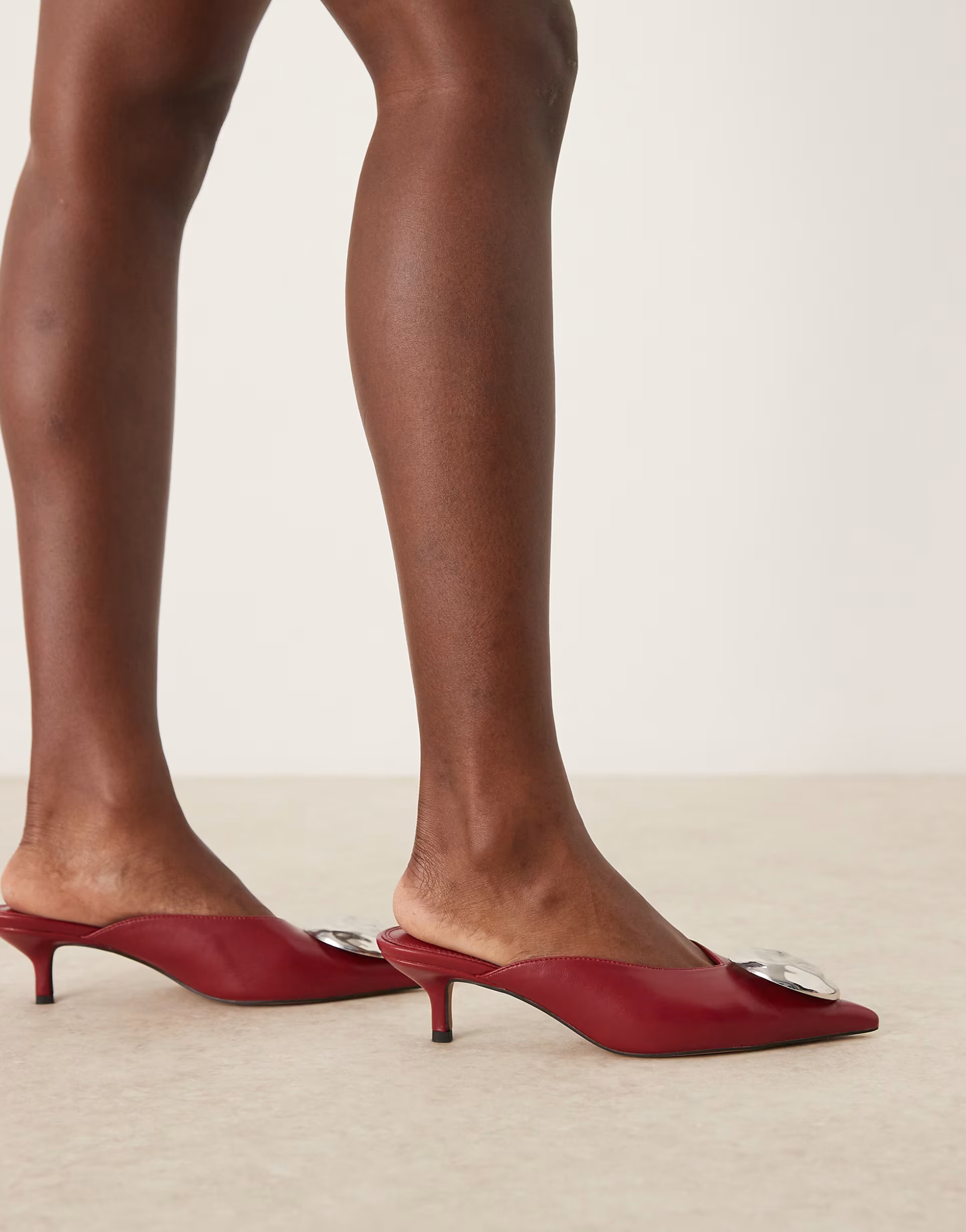 ASOS DESIGN Surprise trim detail mid heel mules in dark red | ASOS (Global)
