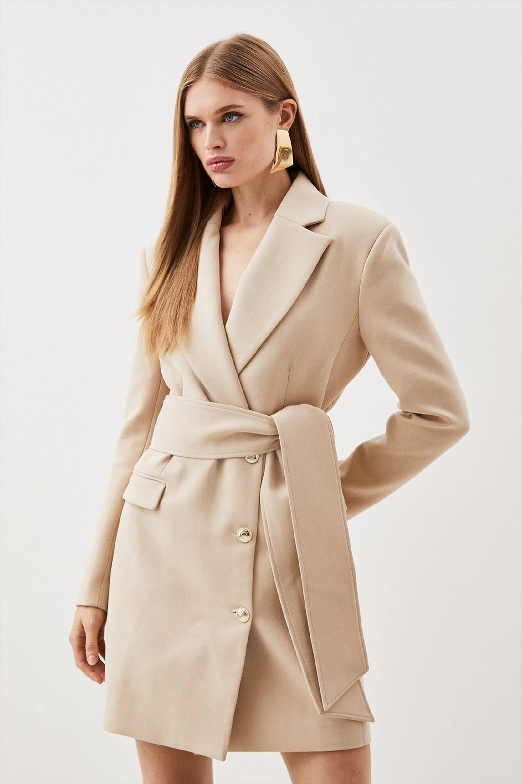 Tailored Compact Essential Self Tie Belted Tuxedo Blazer Mini Dress | Karen Millen UK + IE + DE + NL