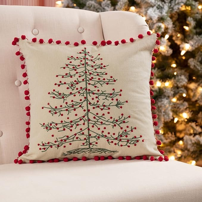 Piper Classics Embroidered Christmas Tree Pillow Cover, 16x16, Farmhouse Red Ticking Stripe on Pi... | Amazon (US)