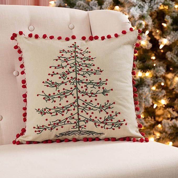 Piper Classics Embroidered Christmas Tree Pillow Cover, 16x16, Farmhouse Red Ticking Stripe on Pi... | Amazon (US)