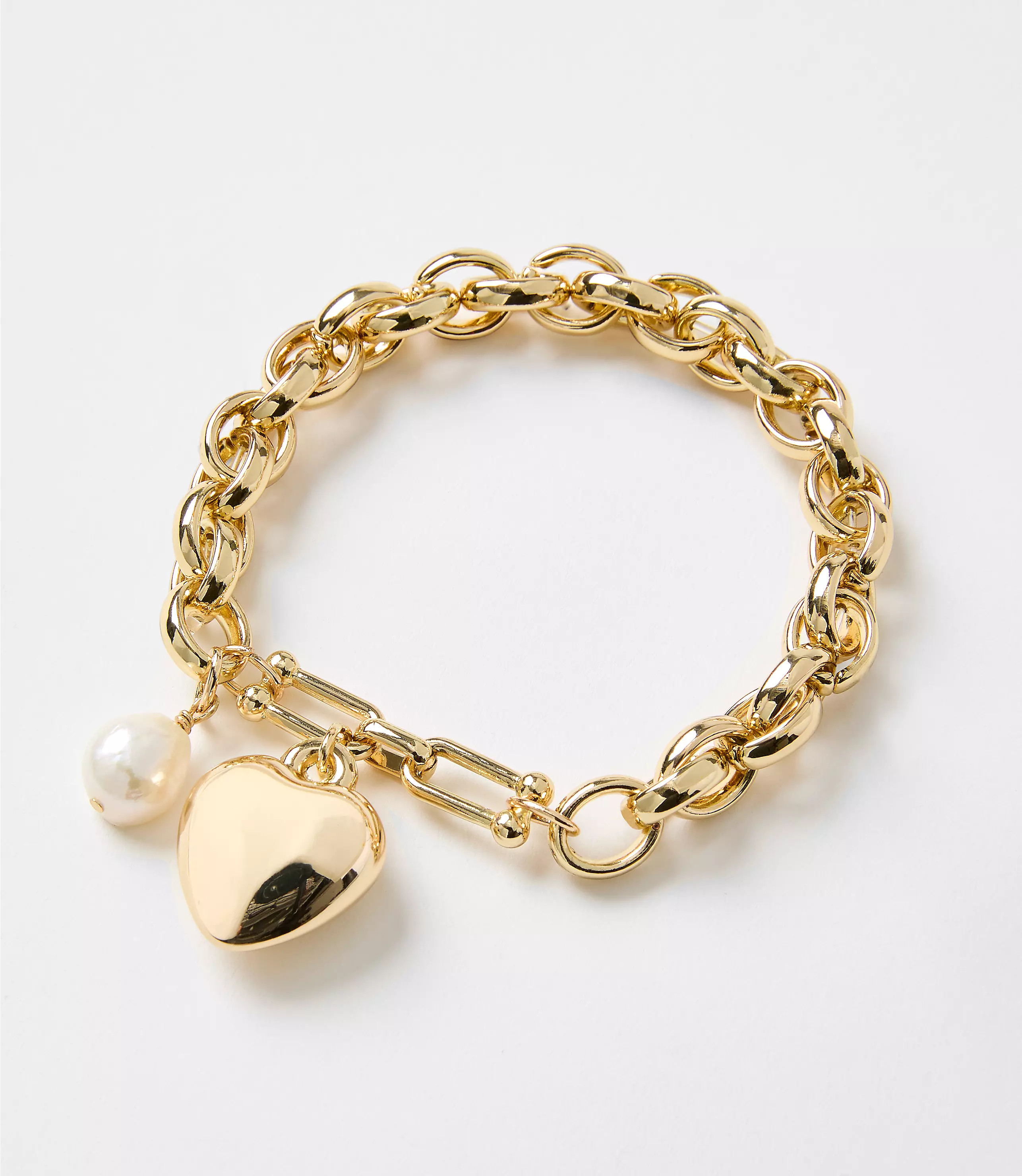 Pearlized Heart Charm Chain Link Stretch Bracelet | LOFT