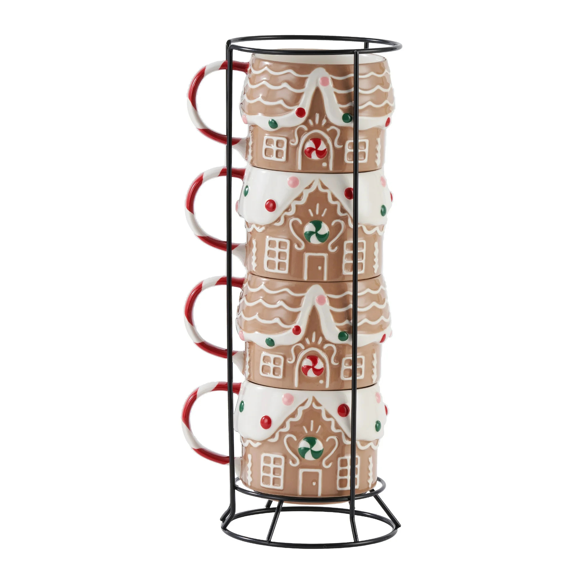 Gingerbread House Stacking Ceramic Mug Set 11.5 OZ 4-Piece Holiday Time - Walmart.com | Walmart (US)