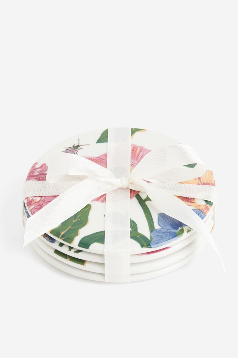4-pack Porcelain Coasters - White/floral - Home All | H&M US | H&M (US + CA)