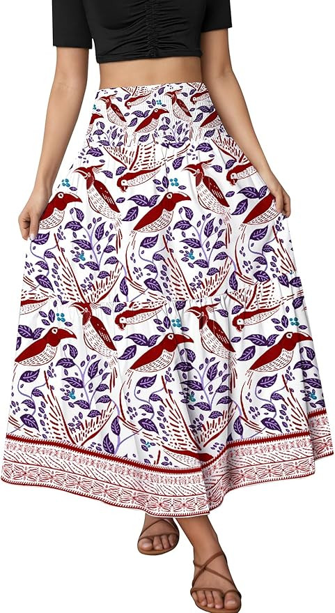 YHYJMY Women's Boho Skirt Elastic High Waist Pleated A-Line Flared Maxi Skirts Womens Flowy Long ... | Amazon (US)
