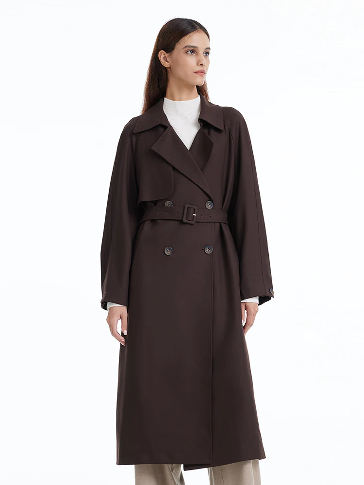 Brown Worsted Wool Trench Coat | GOELIA