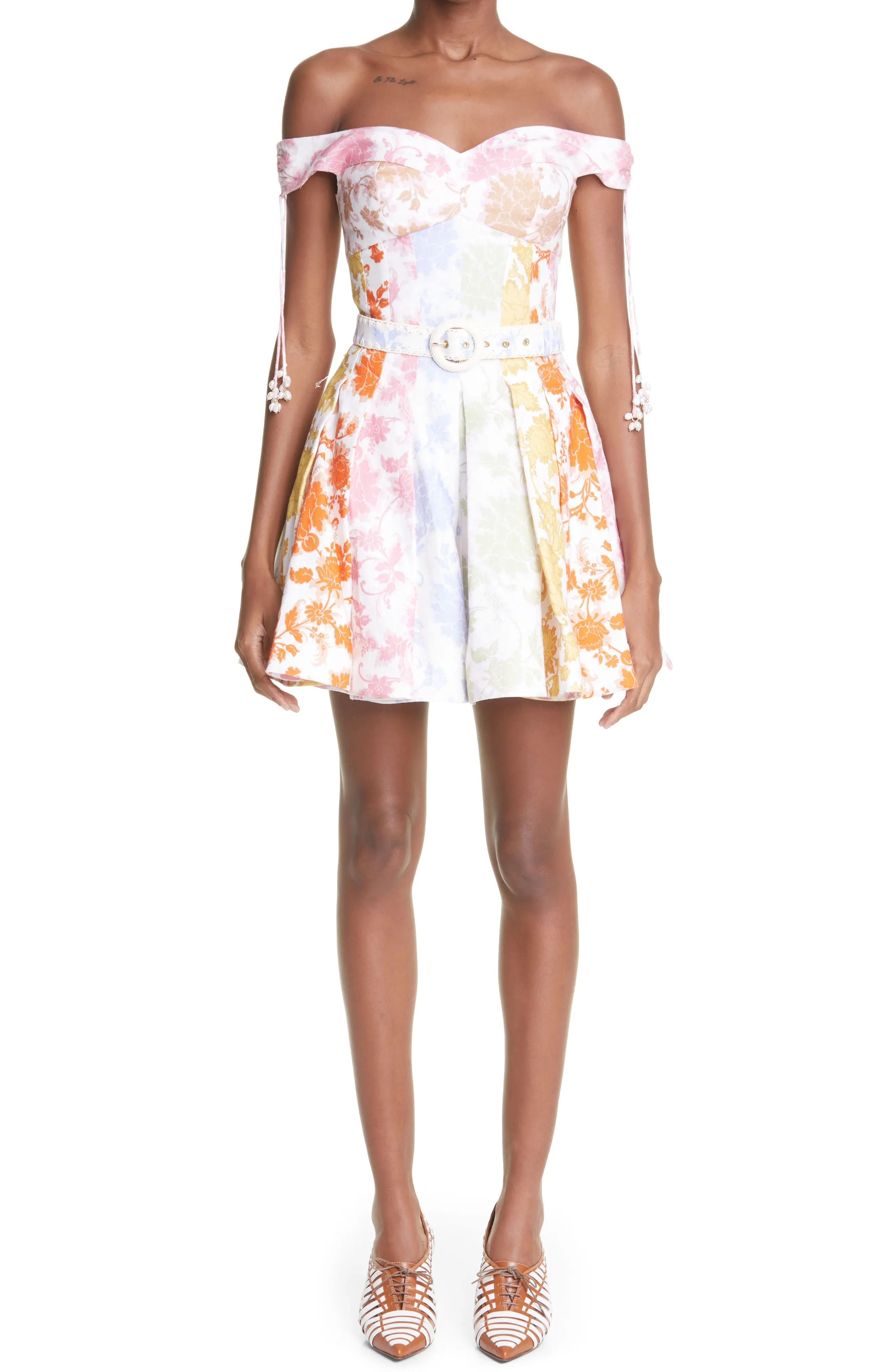 Zimmermann Postcard Spliced Off the Shoulder Linen Minidress in Spliced Tonal Floral at Nordstrom, S | Nordstrom