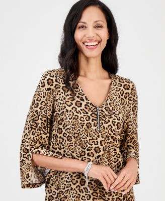 Jm Collection Petite Bold Leo 3/4-Sleeve Leopard-Print Zip-Front Top, Macy's Exclusive - Cinnamon Spice | Macy's