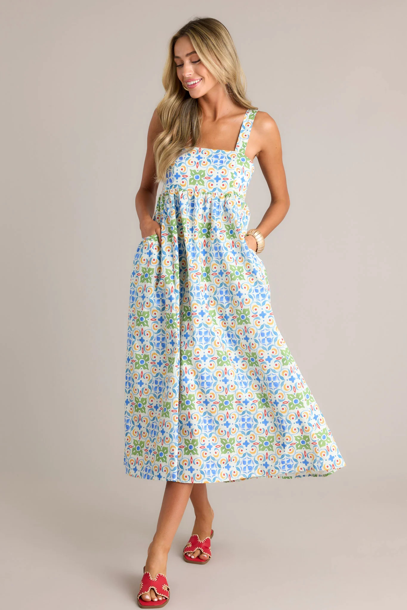 Unmatched Quality 100% Cotton White Multi Midi Dress | Red Dress