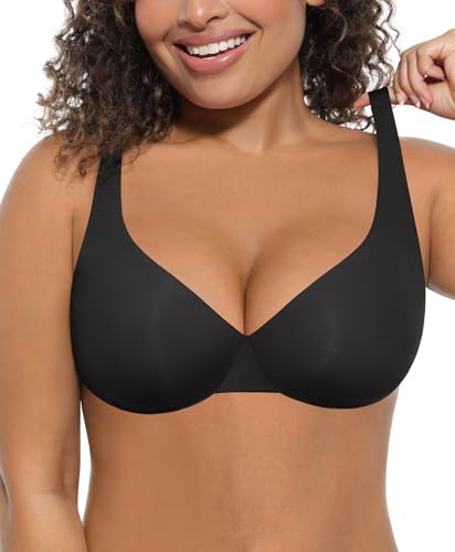 FeelinGirl Bras for Women Underwire Unlined Bra V Neck No Padded Lifting Full Coverage Plunge Everyday Bras Black 34B | Amazon (US)