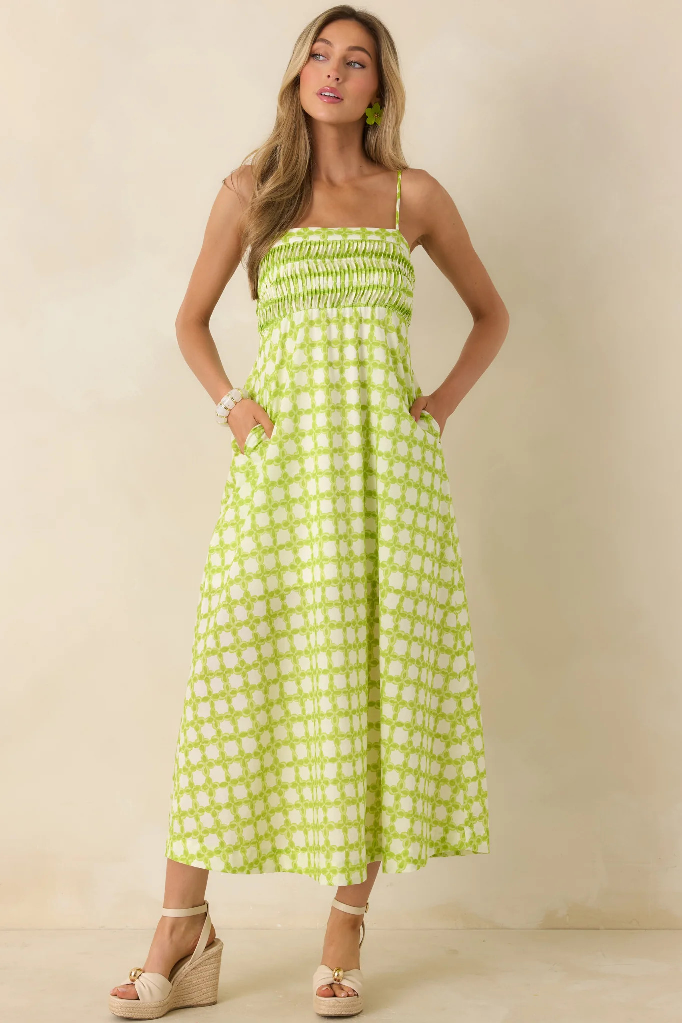 On the Bright Path Chartreuse Green Printed Cotton Midi Dress | Red Dress