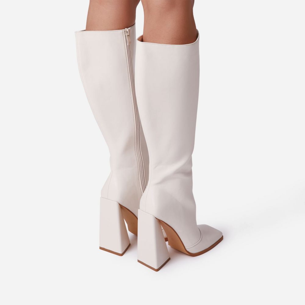 Big-Goals Square Toe Sculptured Block Heel Knee High Long Boot In Cream Nude Faux Leather | EGO Shoes (US & Canada)