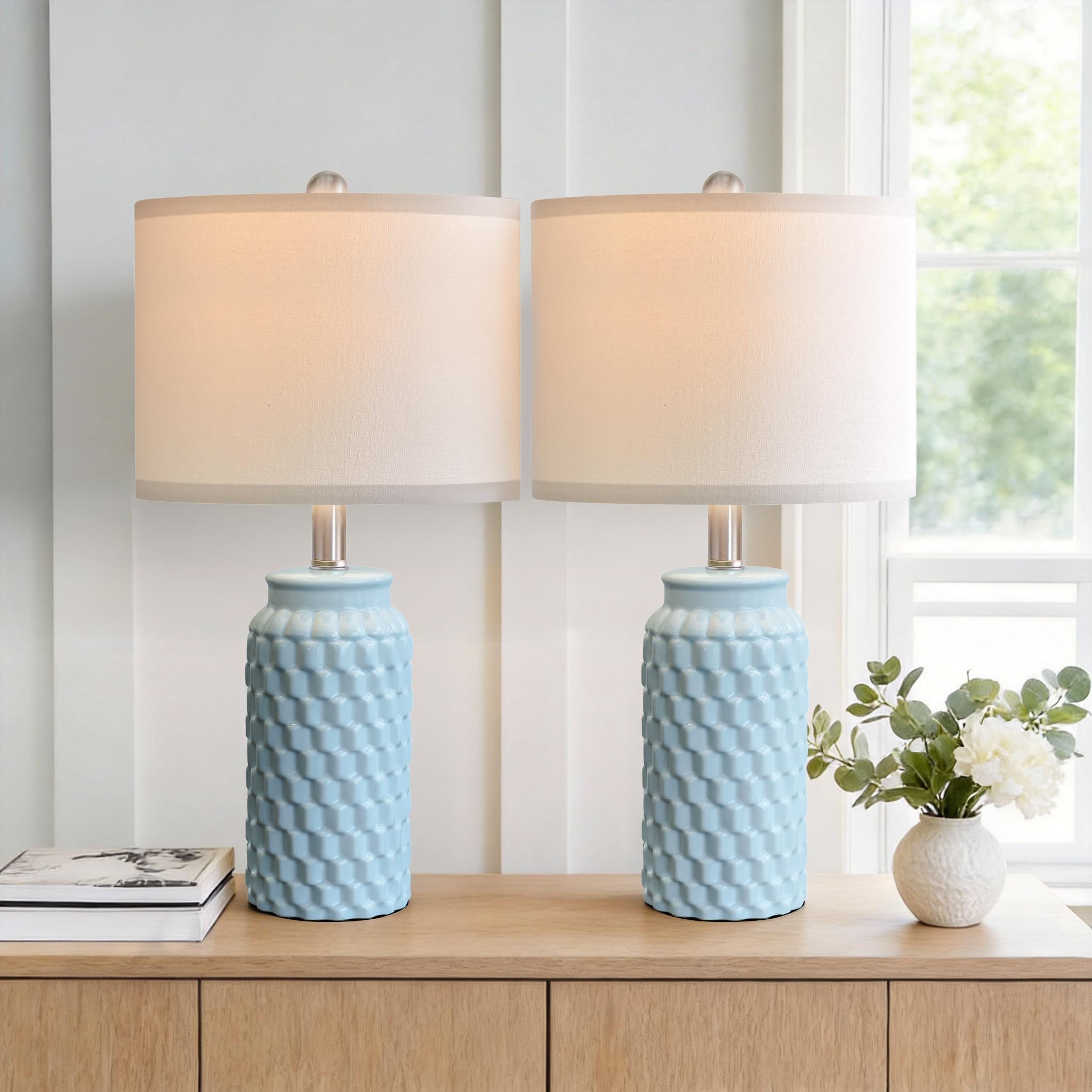 20.5" Light Blue Modern Ceramic Bedside Lamp Set of 2 for Bedroom Decor Farmhouse Table Lamp for ... | Amazon (US)