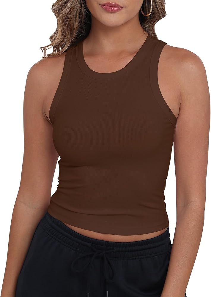 GEMBERA Womens Sleeveless High Neck Racerback Ribbed Knit Fitted Basic Cotton Cropped Tank Top | Amazon (US)