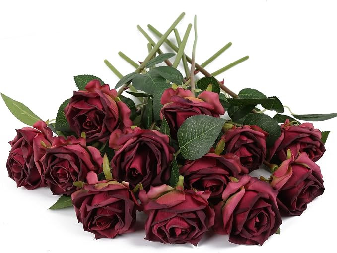 IPOPU Burgundy Roses Artificial Flowers 12PCS Roses Flowers Heads Dried Silk Flowers Burgundy Flo... | Amazon (US)