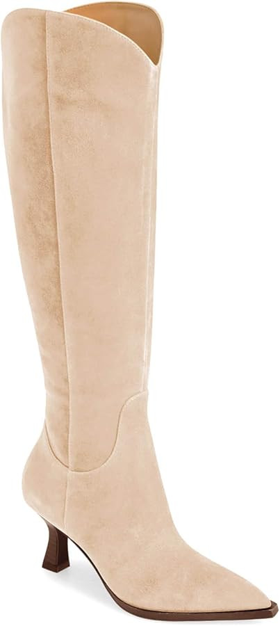 Coutgo Womens Knee High Boots Kitten Heel Pointed Toe Tall Boots Side Zipper Fall Winter Shoes | Amazon (US)