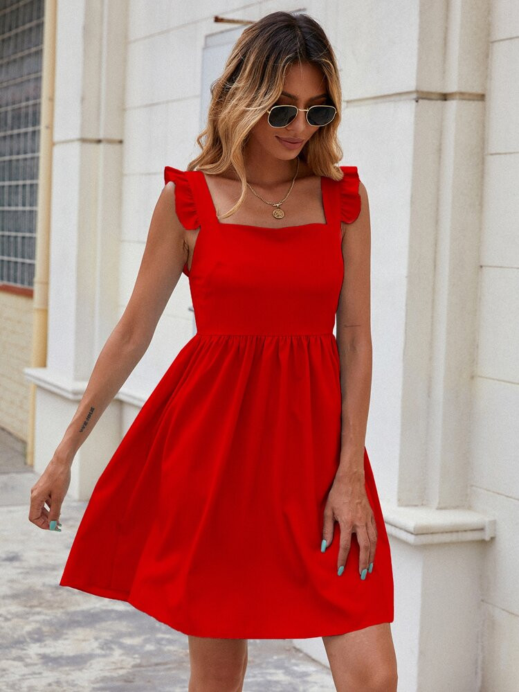 Solid Shirred Ruffle Straps Dress | SHEIN