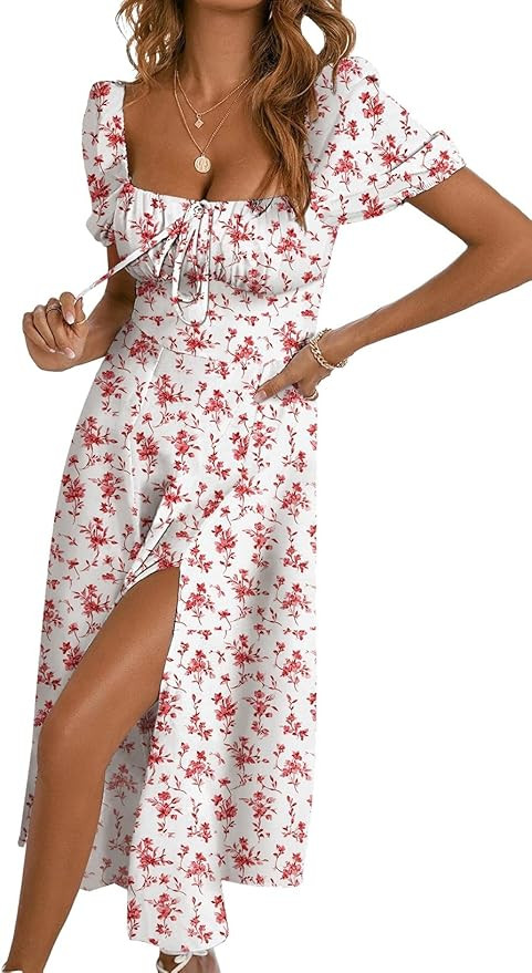 BLENCOT Casual Womens Summer Short Sleeve Square Neck Split Midi Dresses | Amazon (US)