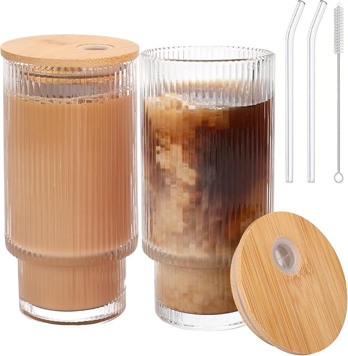 Glass Cups with Bamboo Lids and Straws - 16 oz Iced Coffee Cups, Vintage Ribbed Drinking Glasses,... | Amazon (US)