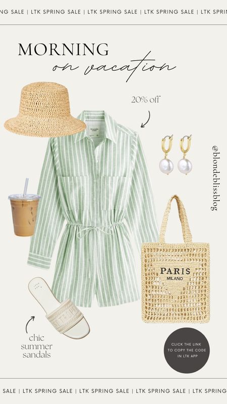 What to wear on vacation 🌴 Spring beach vacation outfit! Cutest stripe romper paired with a straw bucket hat, straw beach tote and sandals for the perfect morning look to wear on vacay! 

#LTKSpringSale #LTKsalealert #LTKSeasonal