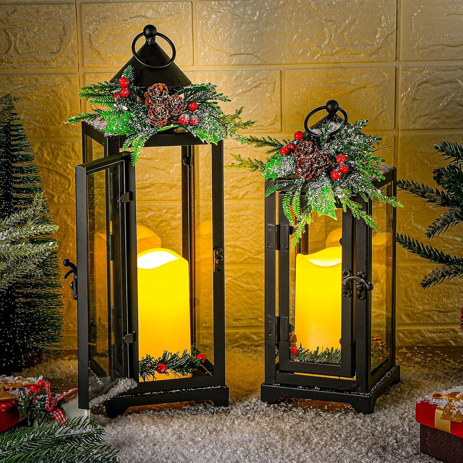 Baquler Black 2 Pcs Christmas Metal Candle Lantern and LED Fake Candles 12'' and 15'' Decorative ... | Amazon (US)