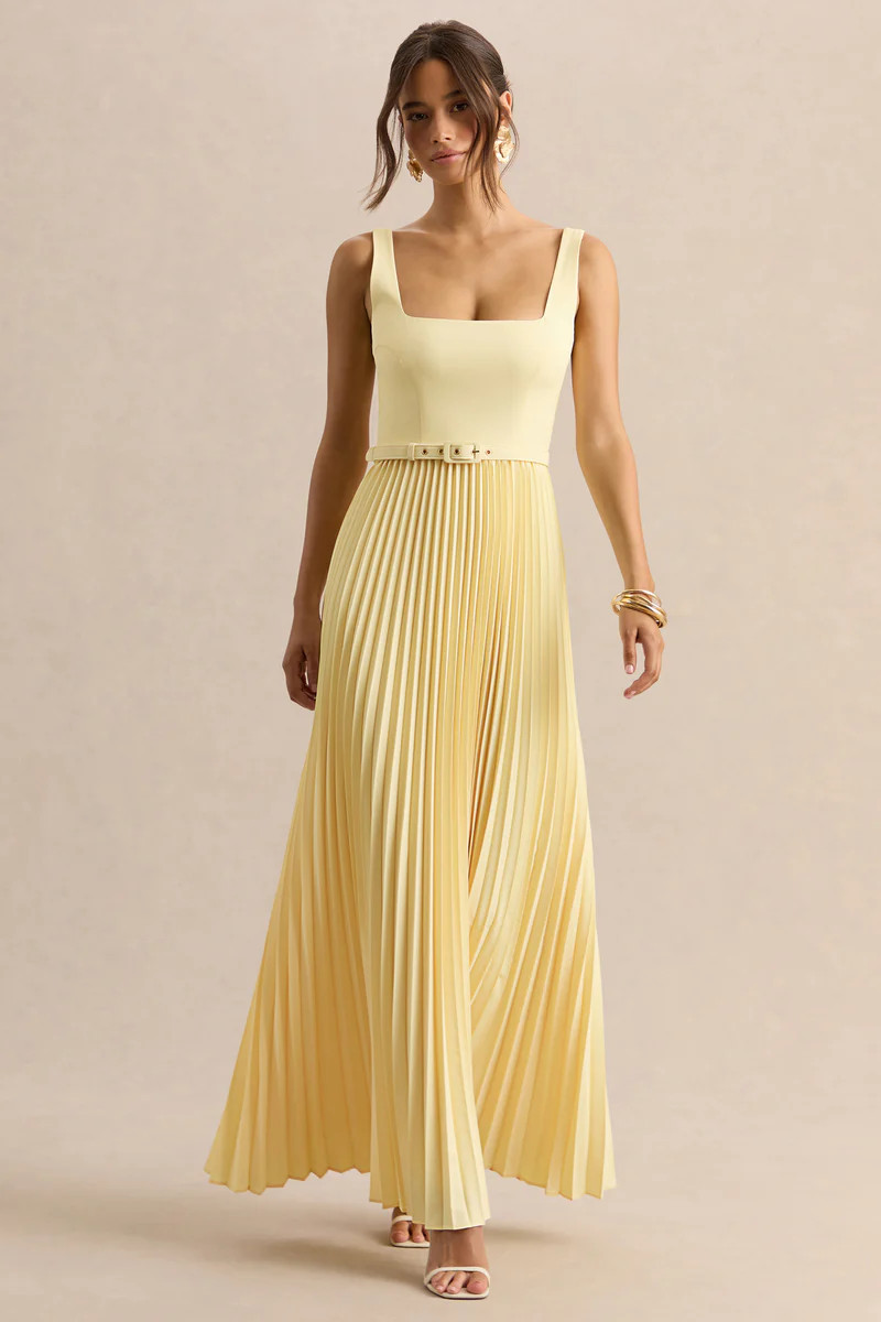 Danika  Lemon Square-Neck Belted Maxi Dress With Pleated Skirt | Club L London