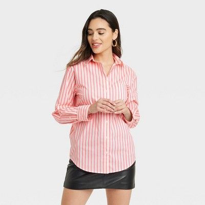 Women's Slim Fit Boyfriend Tailored Long Sleeve Button-Down Shirt - A New Day™ Pink/White Strip... | Target