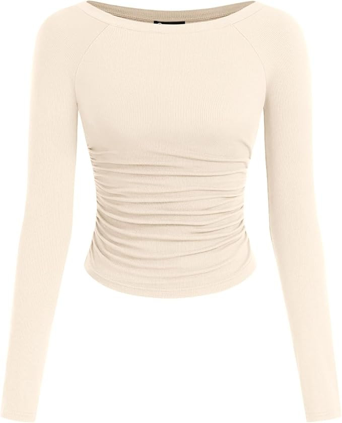 PRETTYGARDEN Long Sleeve Shirts for Women 2025 Fall Ruched Sides Boat Neck Basic Tee Casual Fitte... | Amazon (US)