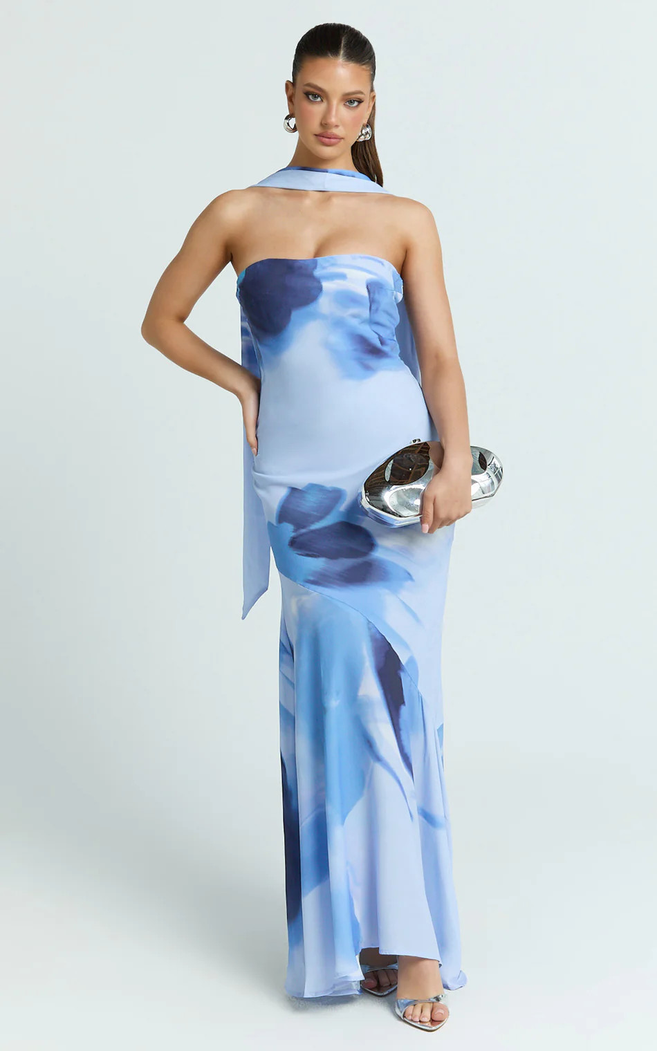 Angie Maxi Dress - Strapless Bias Column Dress with Scarf in Blue Print | Showpo (US, UK & Europe)