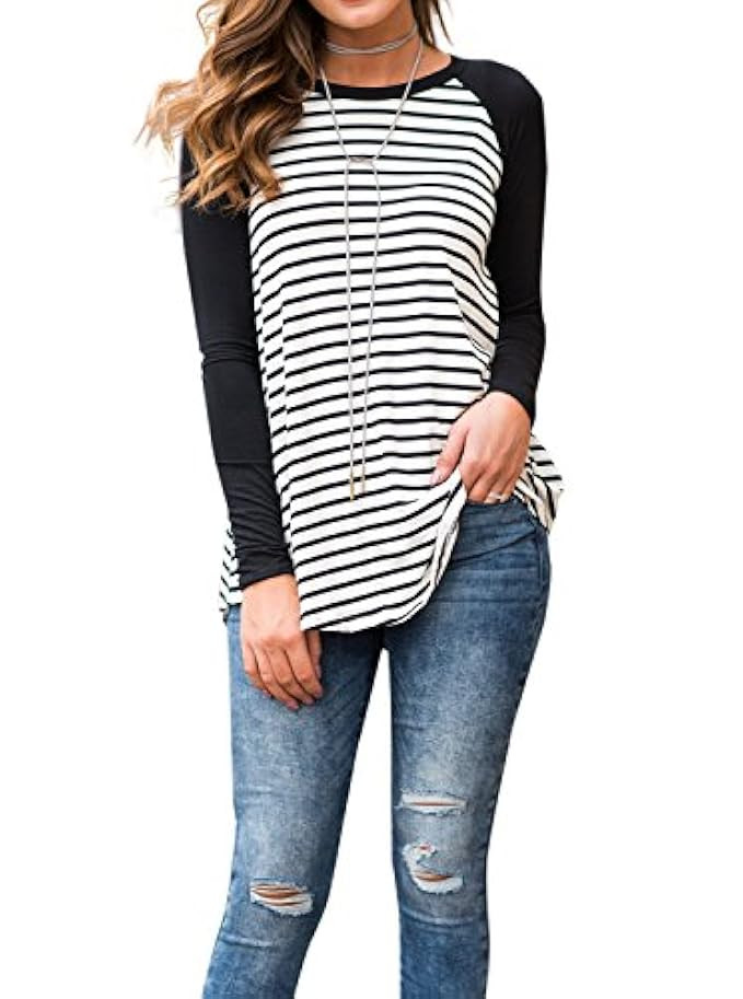 Adreamly Women's Striped Raglan Long Sleeve Baseball T Shirt Tunic Tops | Amazon (US)