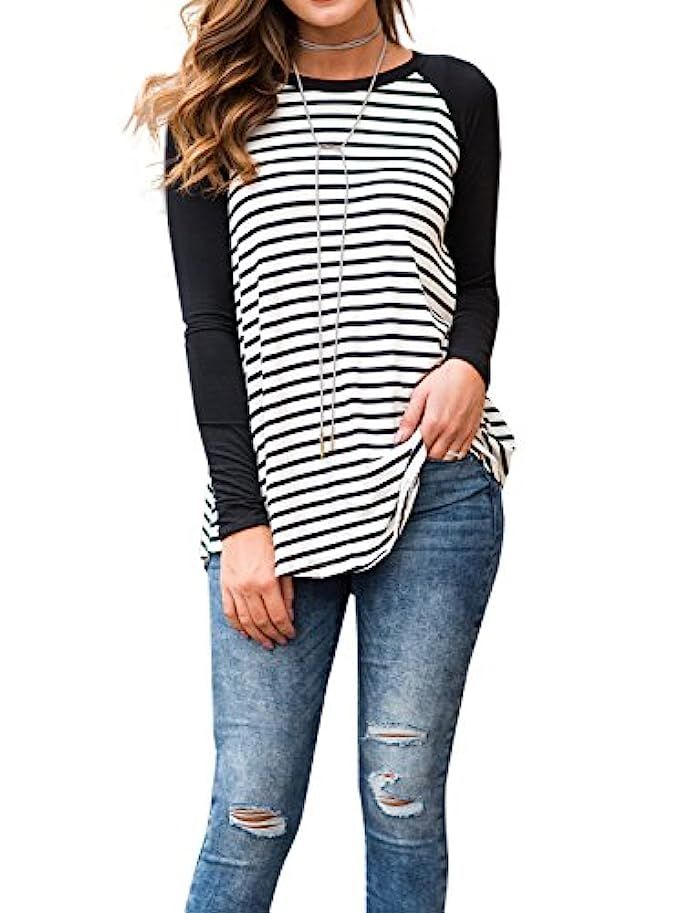 Adreamly Women's Striped Raglan Long Sleeve Baseball T Shirt Tunic Tops | Amazon (US)