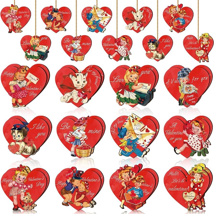 24 Pcs Valentine's Day Heart Ornaments Wooden Hanging Ornament Sweet Heart Shaped Embellishments ... | Amazon (US)